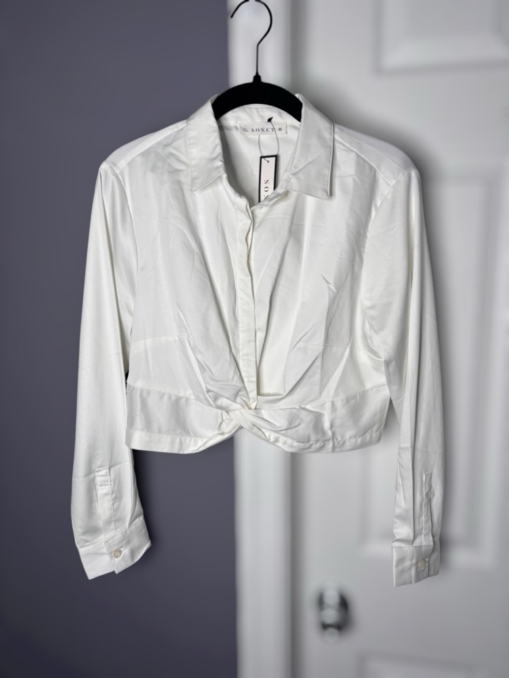 Soncy White Collared Cropped Blouse Bamboo Blend Sz L (00)